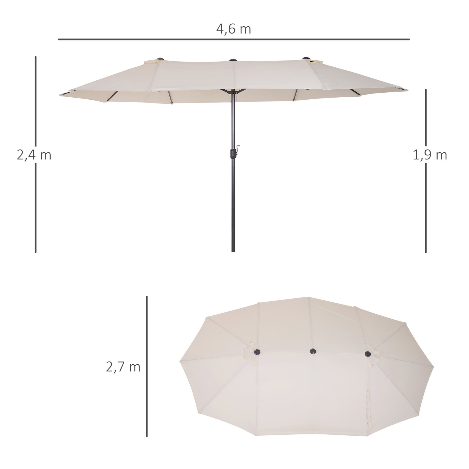 Chapéu de sol duplo para jardim 4,6x2,7x2,4m chapéu de sol anti UV com manivela para exterior bege