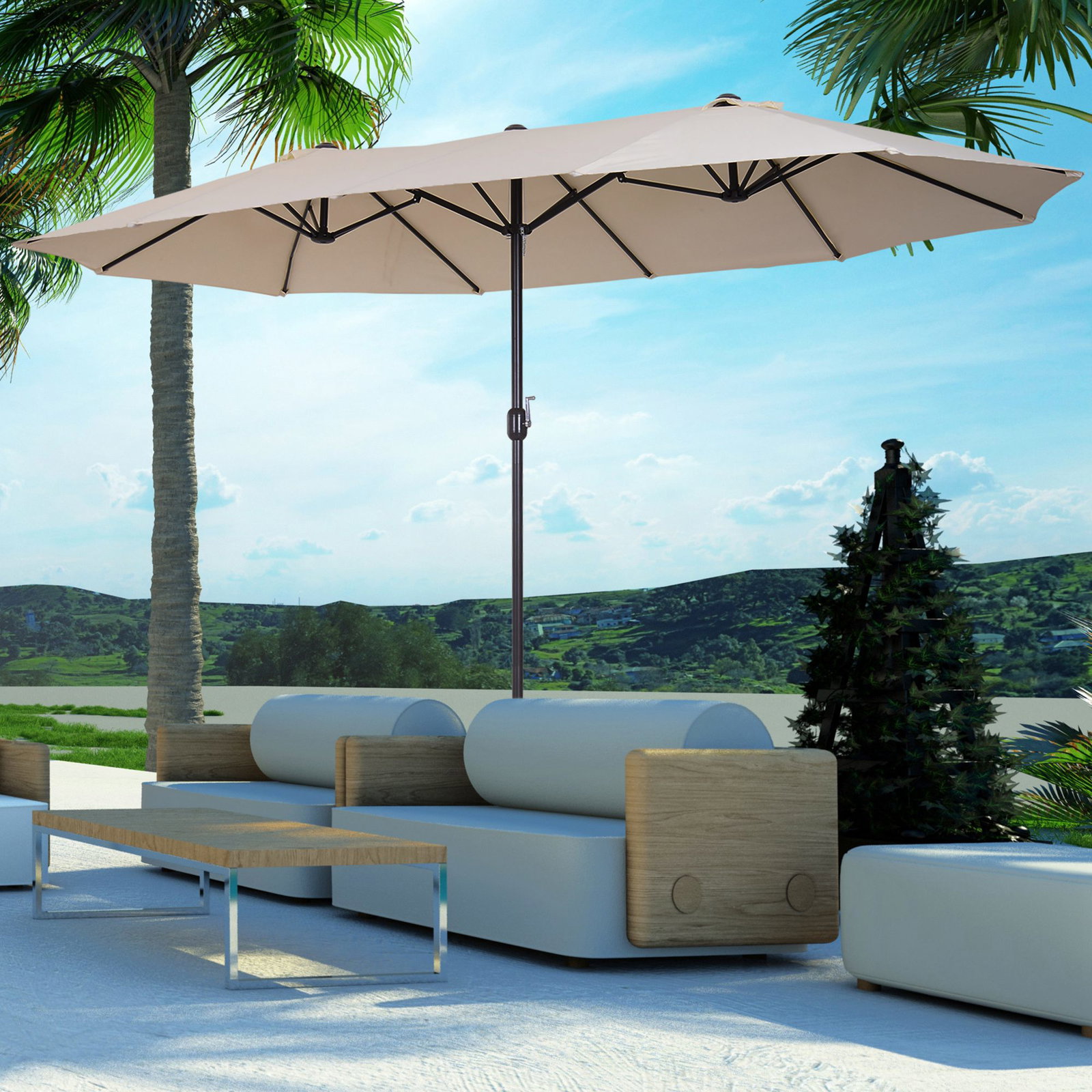 Chapéu de sol duplo para jardim 4,6x2,7x2,4m chapéu de sol anti UV com manivela para exterior bege
