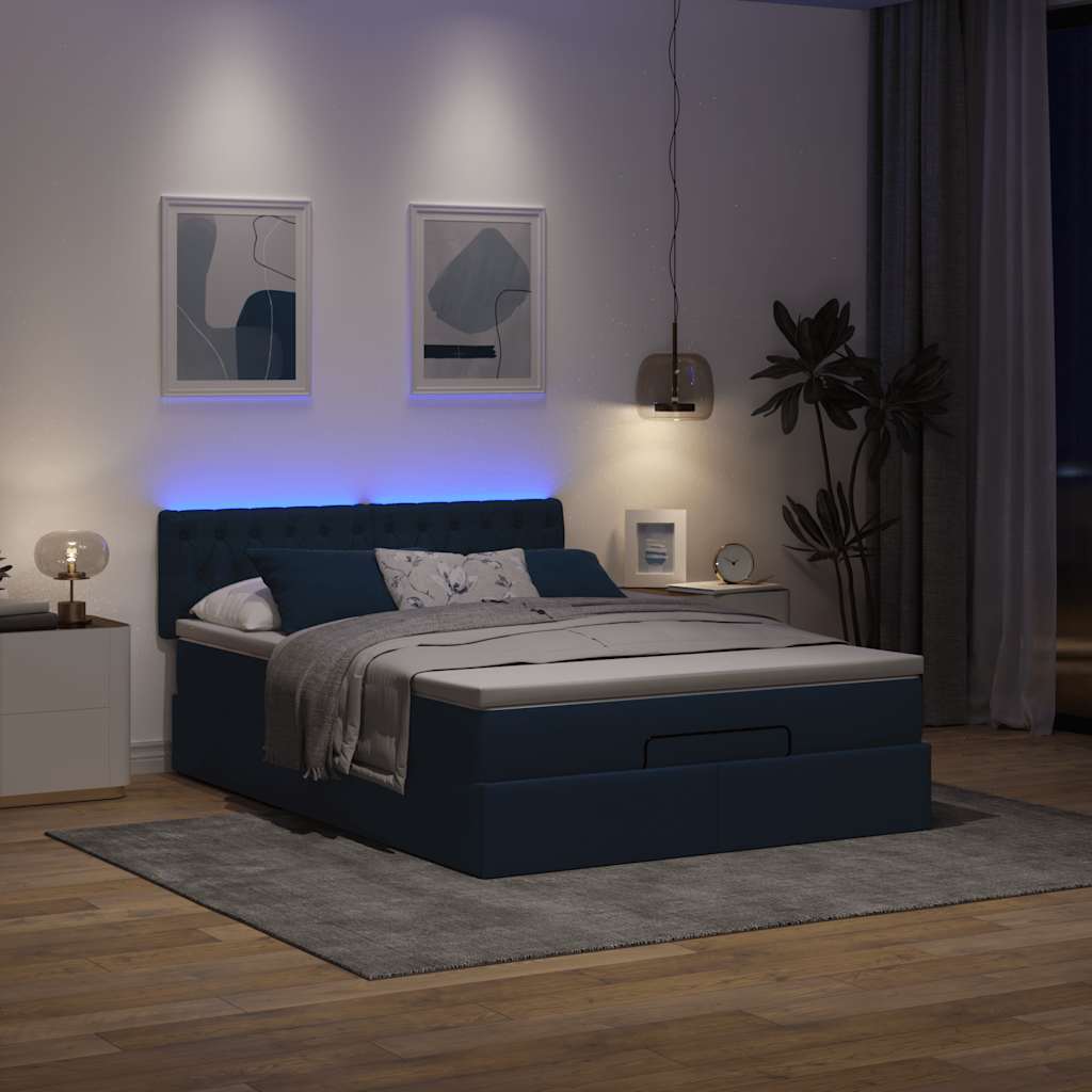 Cama otomana com colchão & leds azul 140x190cm tecido