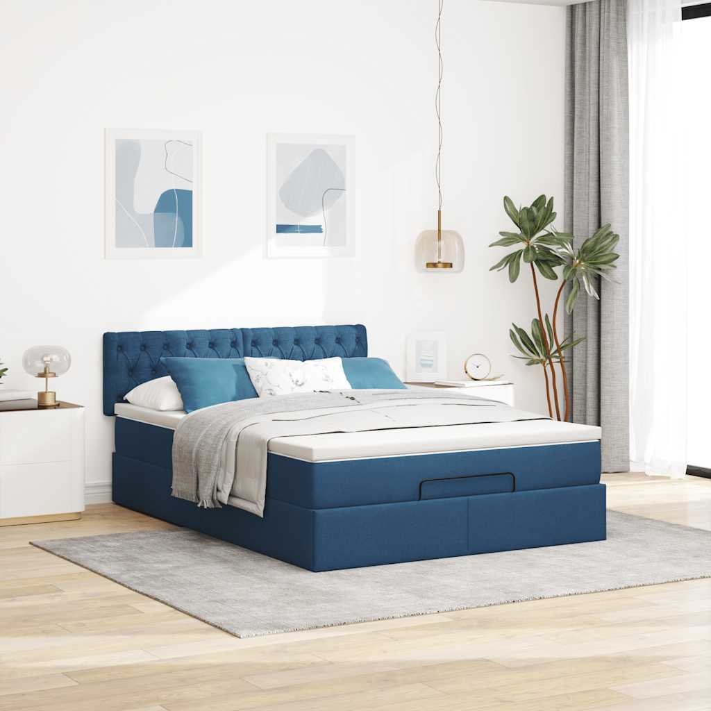 Cama otomana com colchão & leds azul 140x190cm tecido