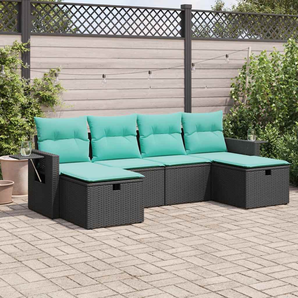 6 Pcs conjunto sofás de jardim c/ almofadões vime PE preto