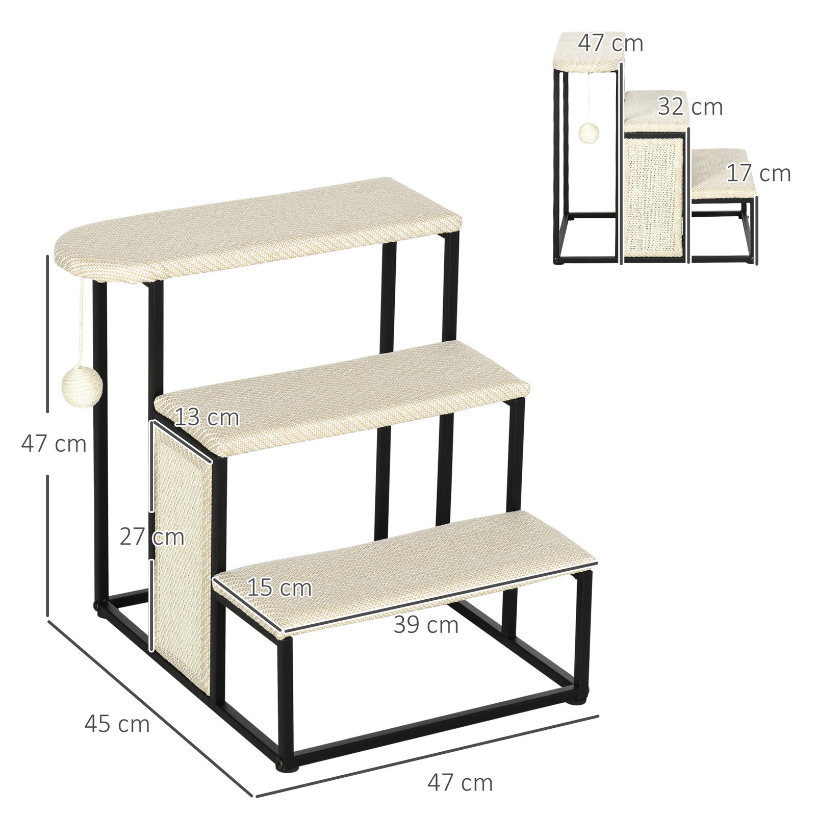 Escada para cães com 3 degraus bola suspensa painel para arranhar e estrutura de aço 47x45x47 cm creme e preto