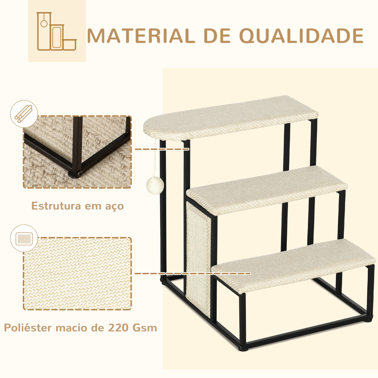 Escada para cães com 3 degraus bola suspensa painel para arranhar e estrutura de aço 47x45x47 cm creme e preto