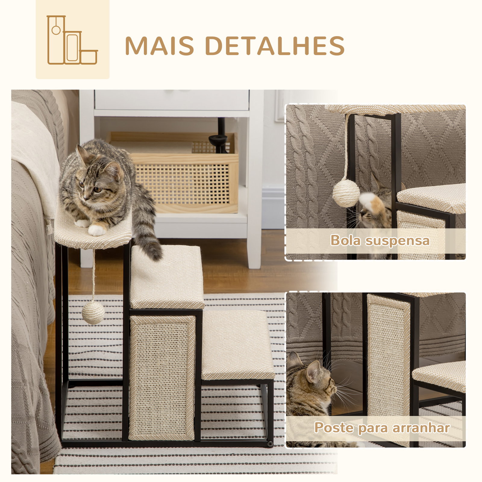 Escada para cães com 3 degraus bola suspensa painel para arranhar e estrutura de aço 47x45x47 cm creme e preto