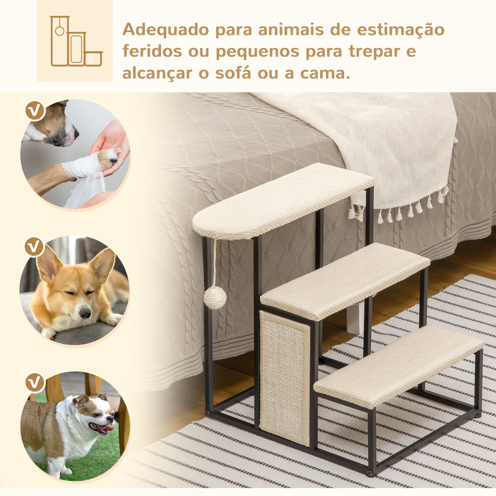 Escada para cães com 3 degraus bola suspensa painel para arranhar e estrutura de aço 47x45x47 cm creme e preto