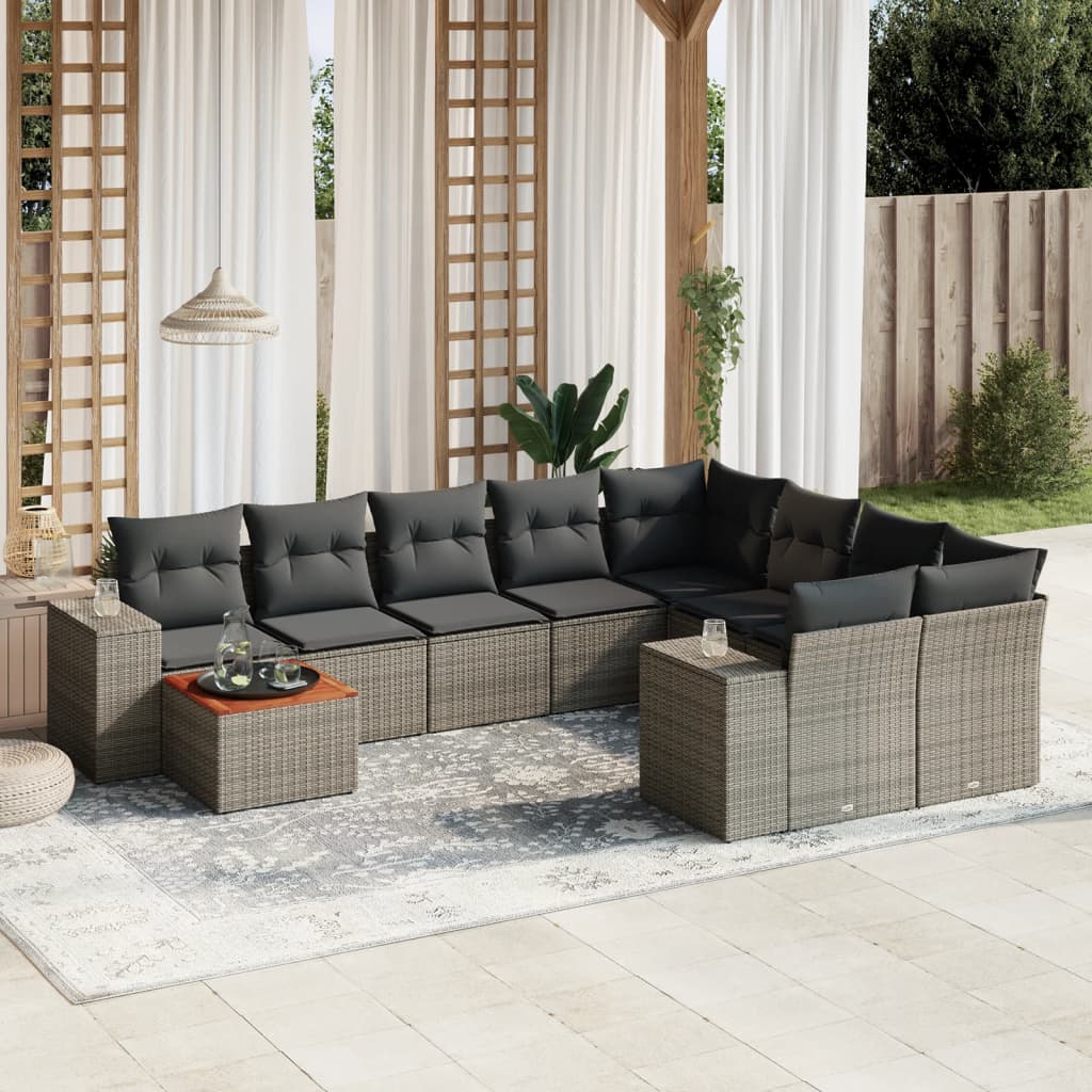 10 Pcs conjunto sofás de jardim c/ almofadões vime PE cinzento