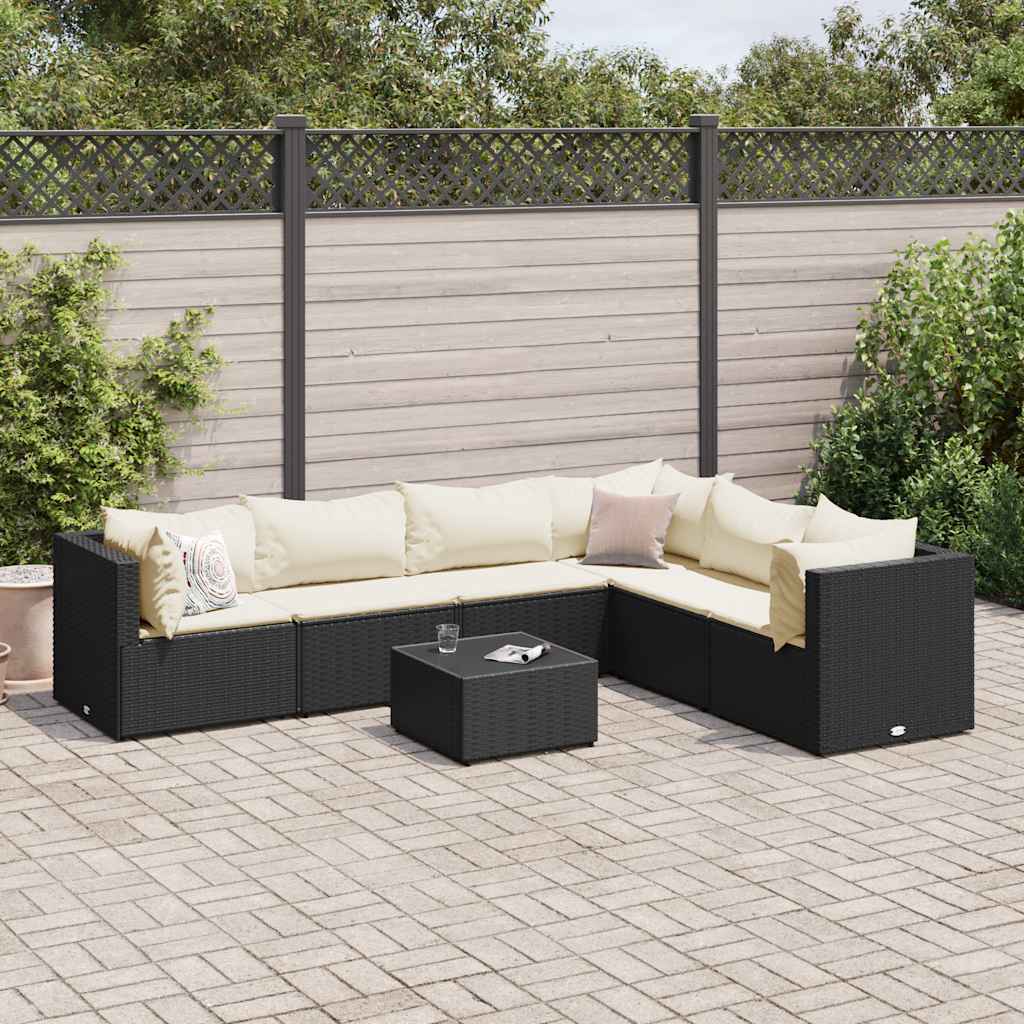 7 Pcs conjunto lounge de jardim c/ almofadões vime PE preto