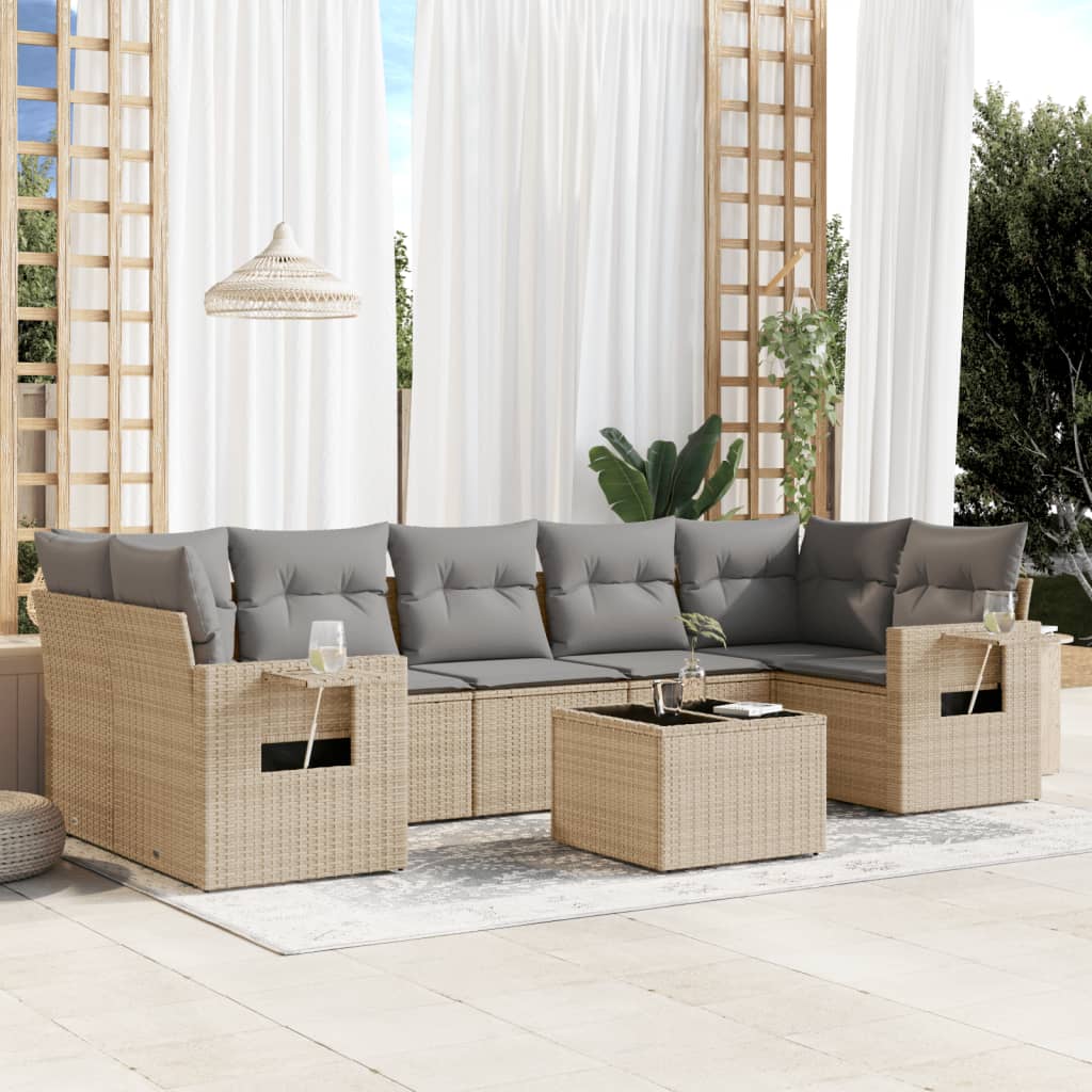 8 Pcs conjunto de sofás p/ jardim com almofadões vime PE bege