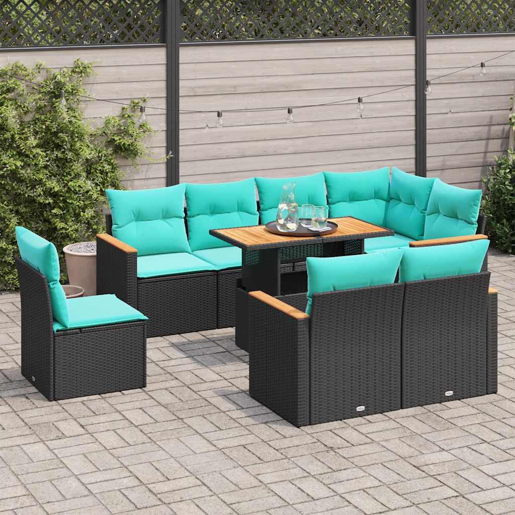 9 Pcs conjunto de sofás p/ jardim c/ almofadões vime PE preto