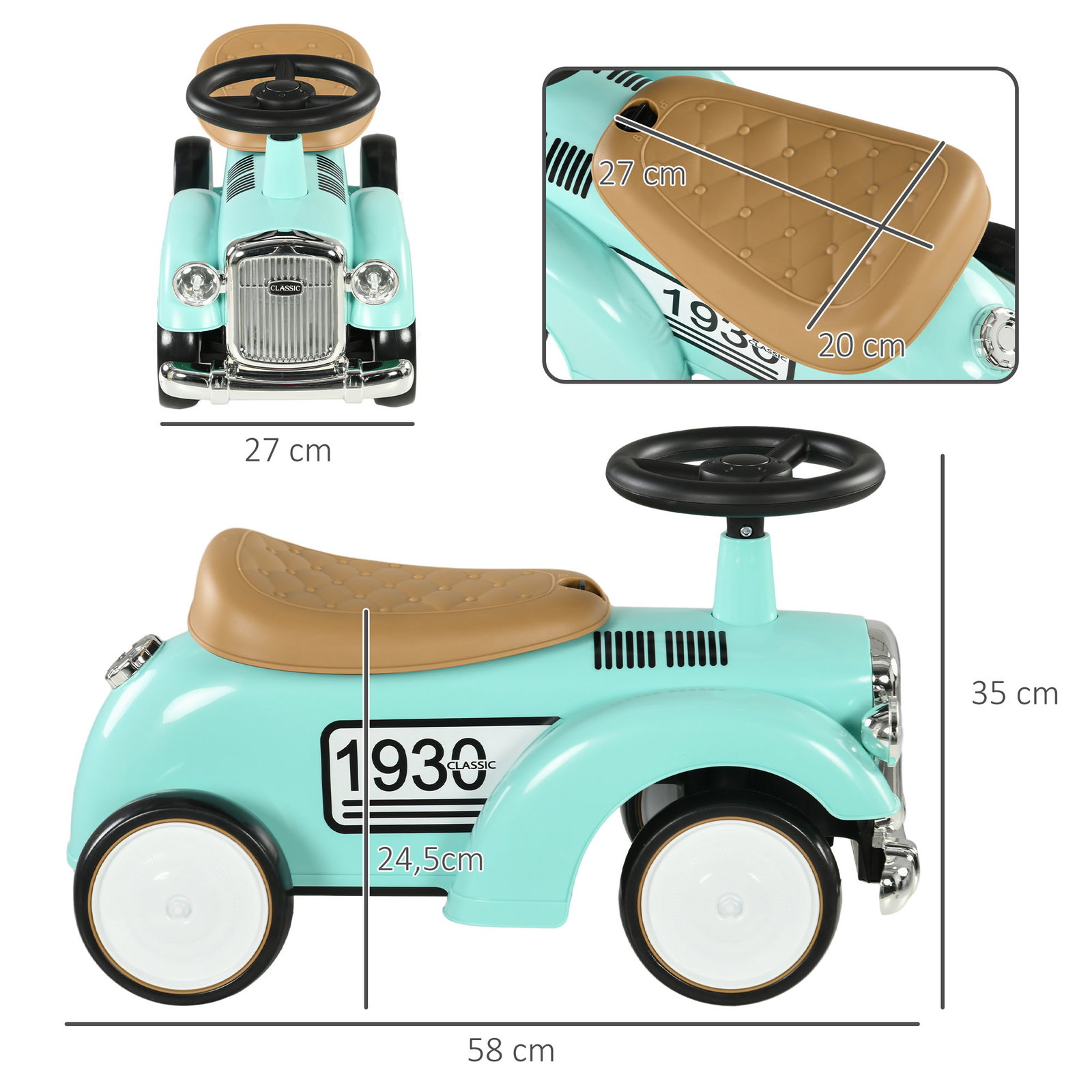 Carro andador para bebé de 12 a 36 meses com buzina compartimento de armazenamento e volante 58x27x35 cm verde menta