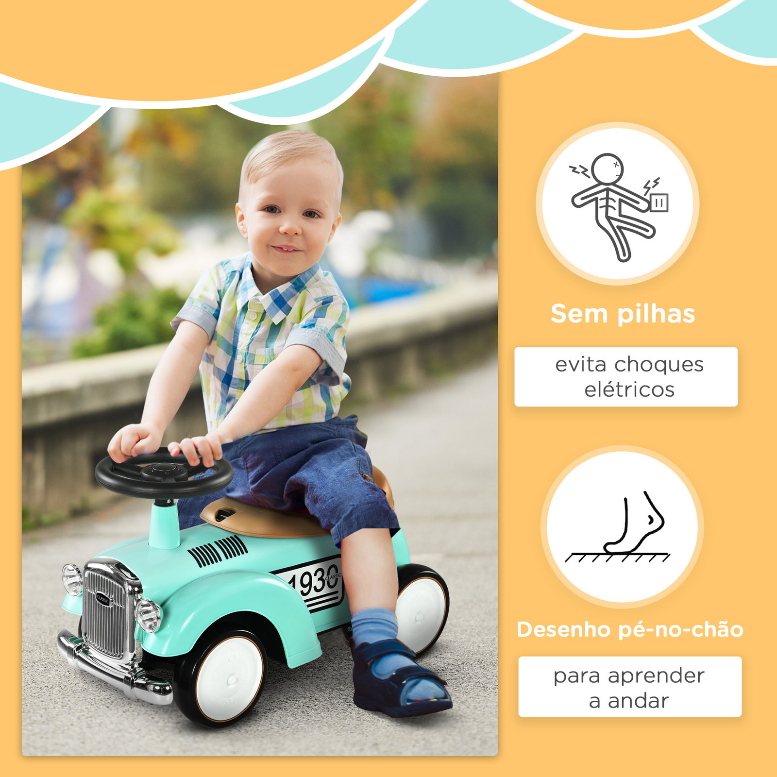 Carro andador para bebé de 12 a 36 meses com buzina compartimento de armazenamento e volante 58x27x35 cm verde menta