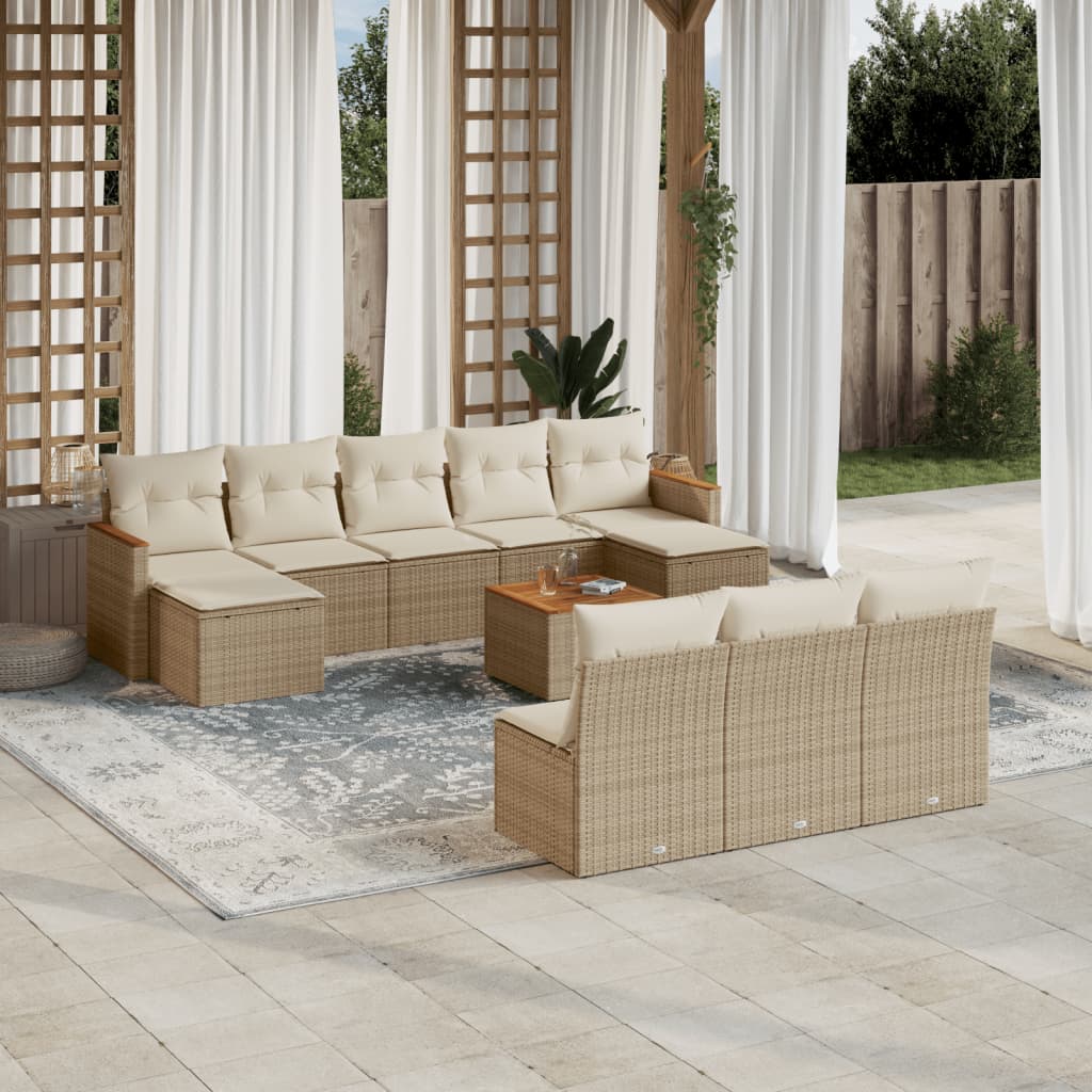 11 Pcs conjunto sofás de jardim c/ almofadões vime PE bege