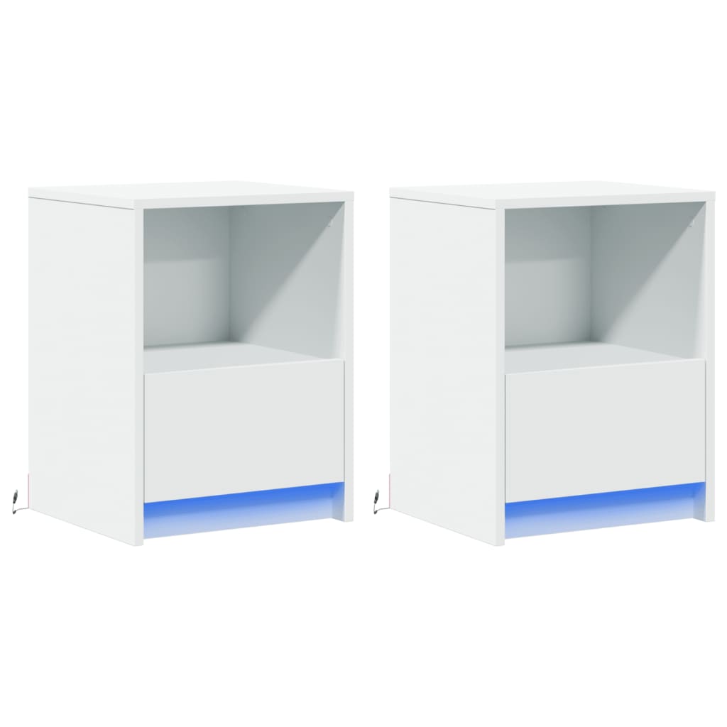Mesas de cabeceira c/ luzes LED 2 pcs derivados madeira branco