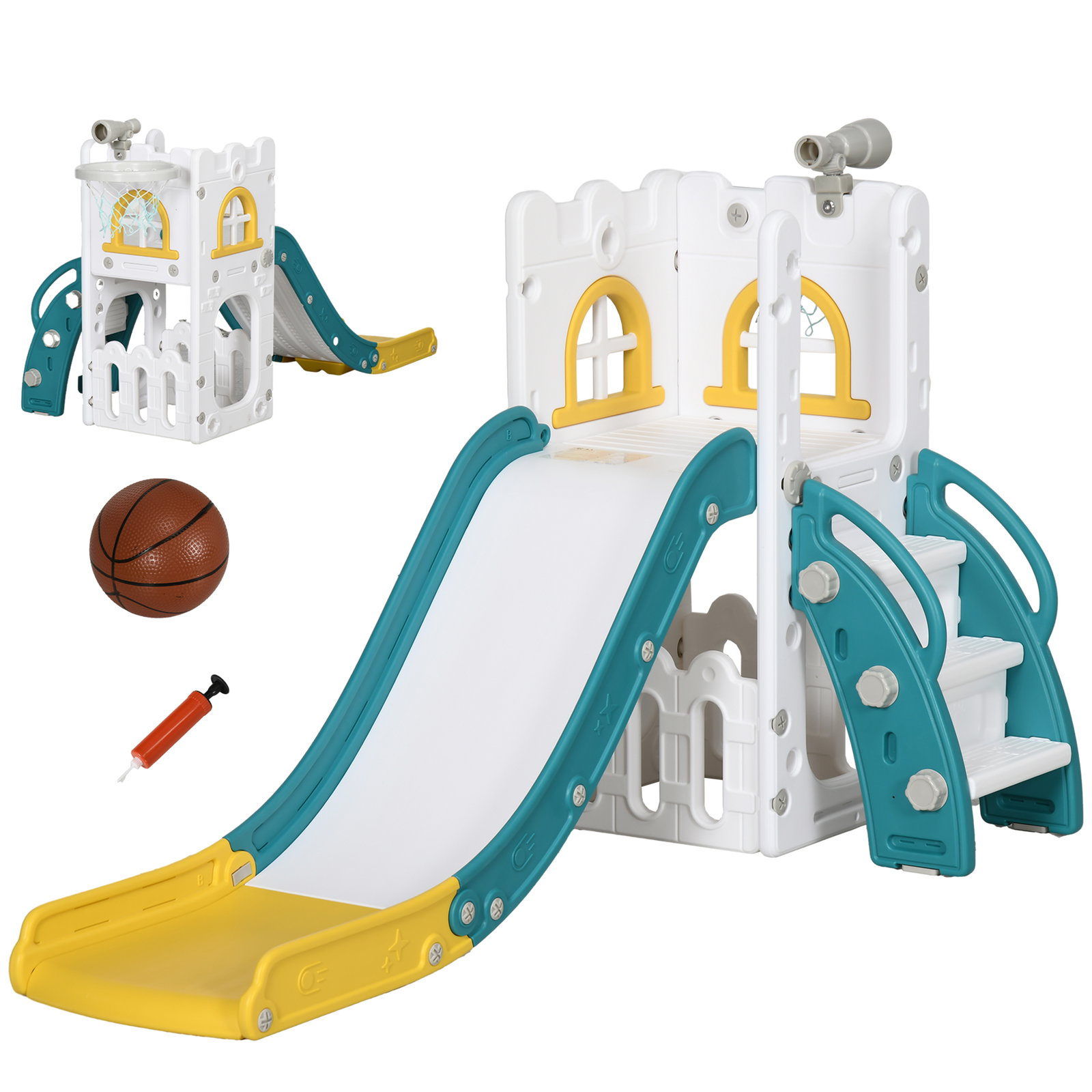 Escorrega infantil 4 em 1 para crianças com cesto de basquetebol telescópio escalador e espaço de arrumação 70x177x92 cm amarelo e verde