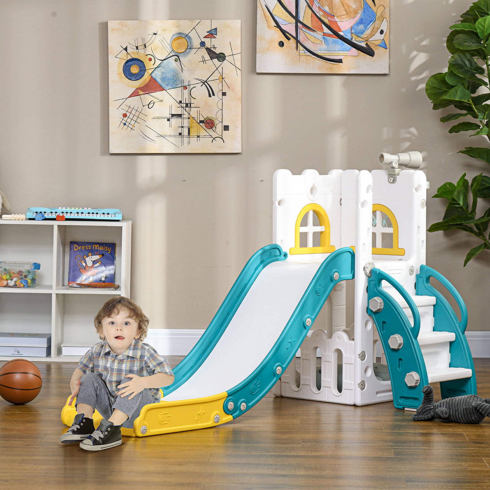 Escorrega infantil 4 em 1 para crianças com cesto de basquetebol telescópio escalador e espaço de arrumação 70x177x92 cm amarelo e verde