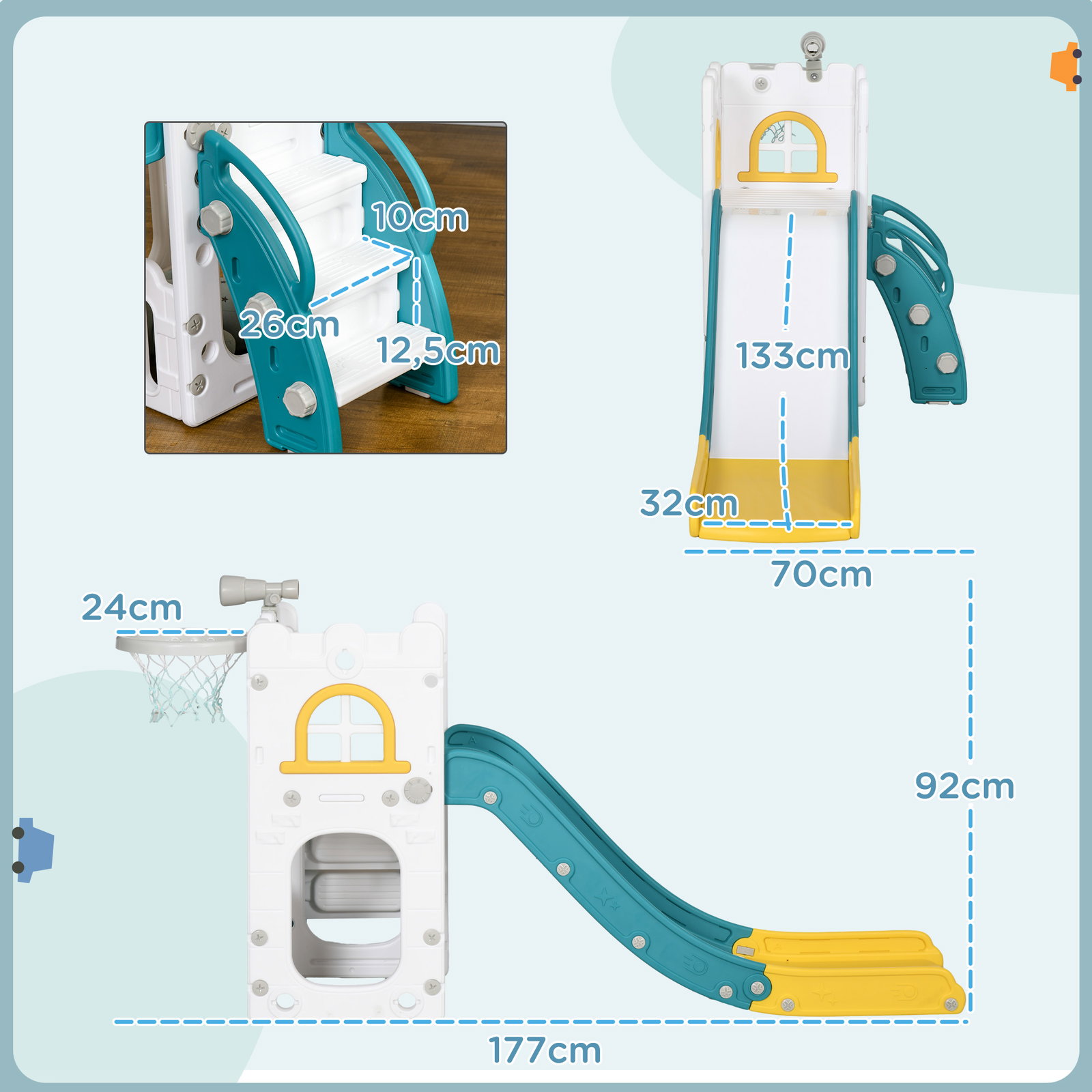 Escorrega infantil 4 em 1 para crianças com cesto de basquetebol telescópio escalador e espaço de arrumação 70x177x92 cm amarelo e verde