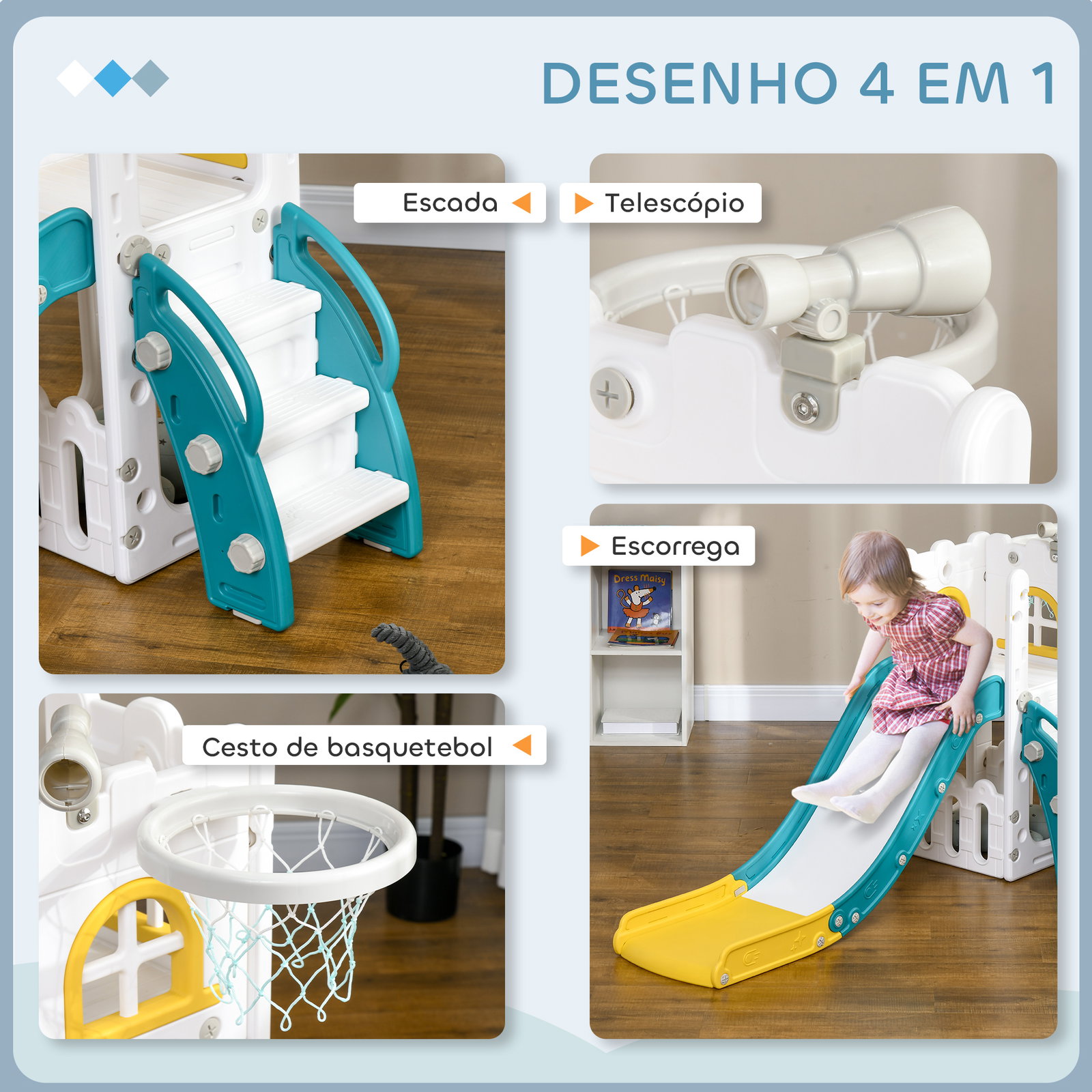 Escorrega infantil 4 em 1 para crianças com cesto de basquetebol telescópio escalador e espaço de arrumação 70x177x92 cm amarelo e verde