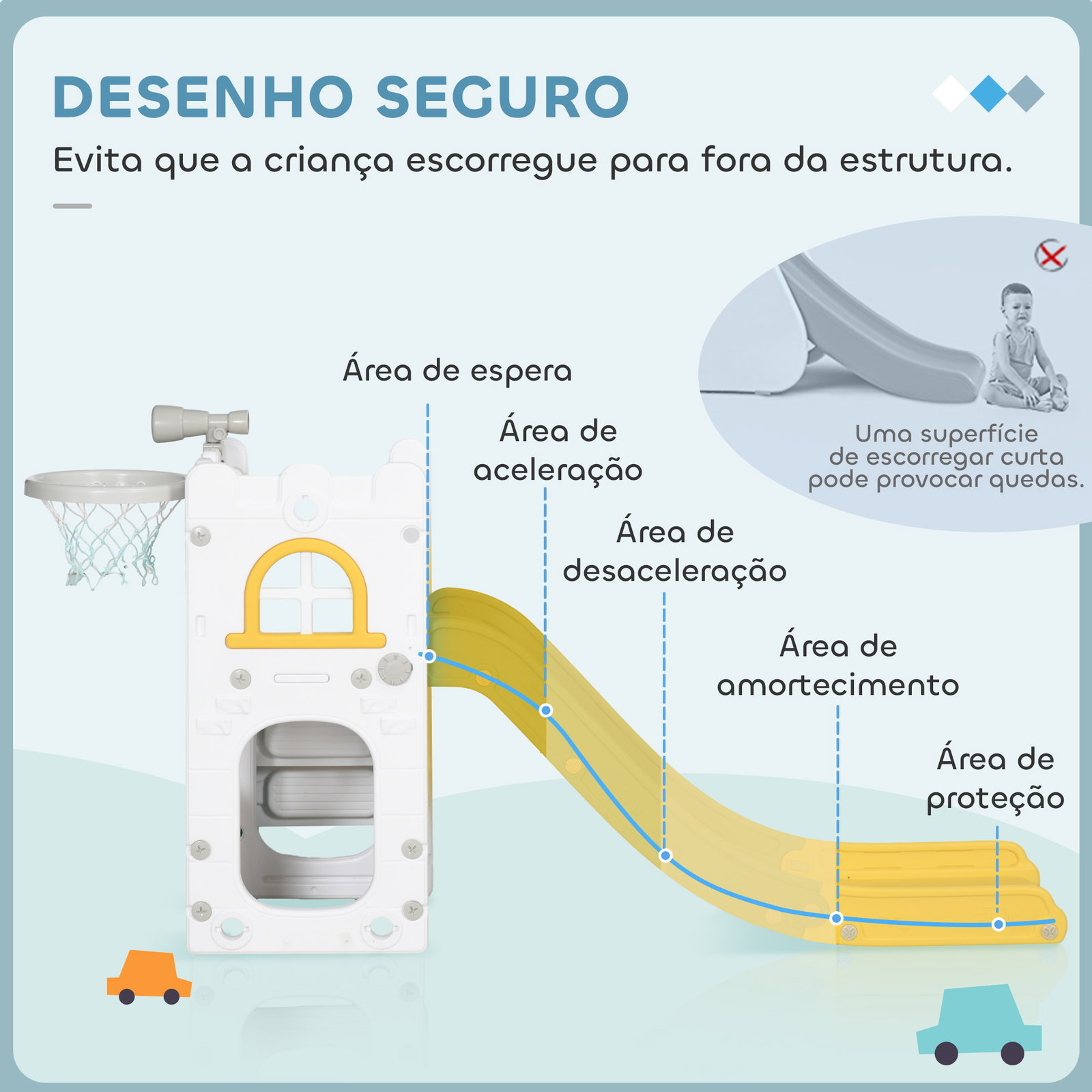 Escorrega infantil 4 em 1 para crianças com cesto de basquetebol telescópio escalador e espaço de arrumação 70x177x92 cm amarelo e verde