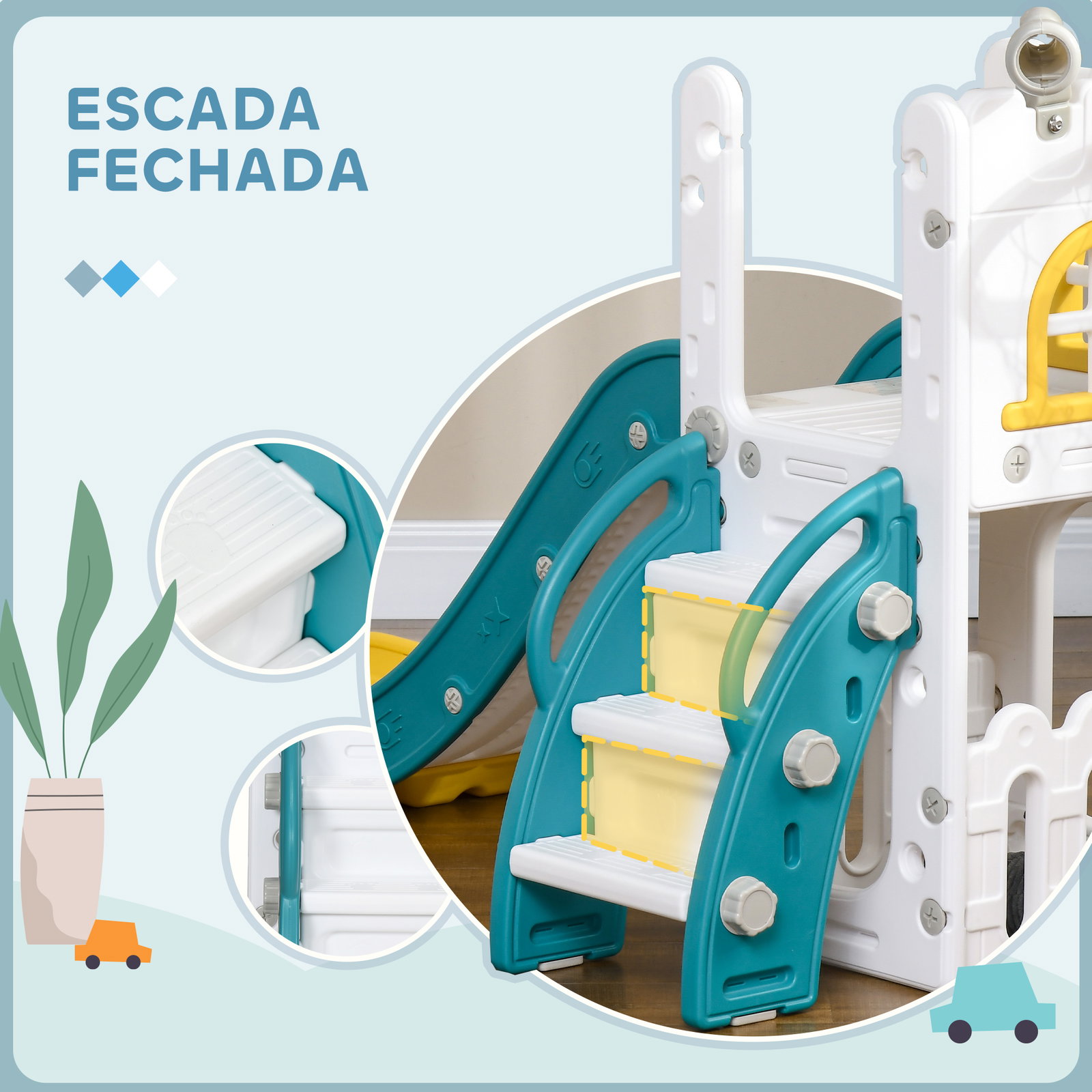 Escorrega infantil 4 em 1 para crianças com cesto de basquetebol telescópio escalador e espaço de arrumação 70x177x92 cm amarelo e verde