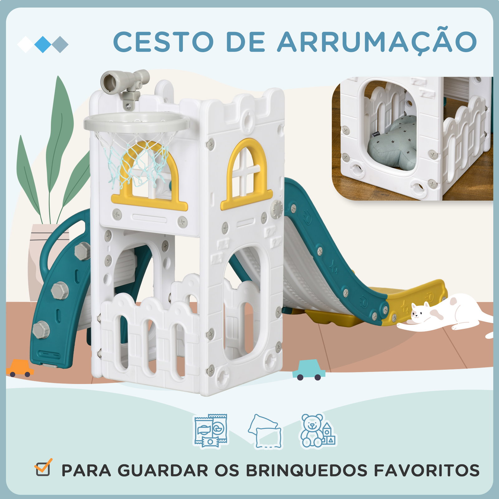 Escorrega infantil 4 em 1 para crianças com cesto de basquetebol telescópio escalador e espaço de arrumação 70x177x92 cm amarelo e verde