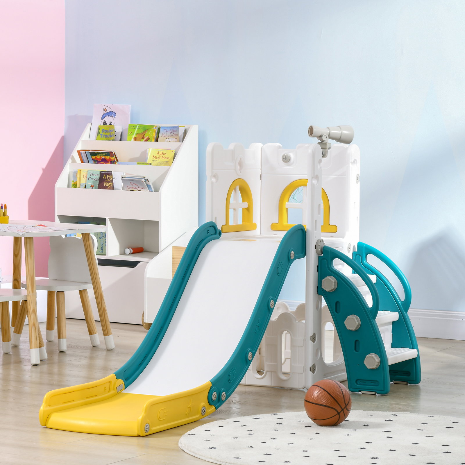 Escorrega infantil 4 em 1 para crianças com cesto de basquetebol telescópio escalador e espaço de arrumação 70x177x92 cm amarelo e verde