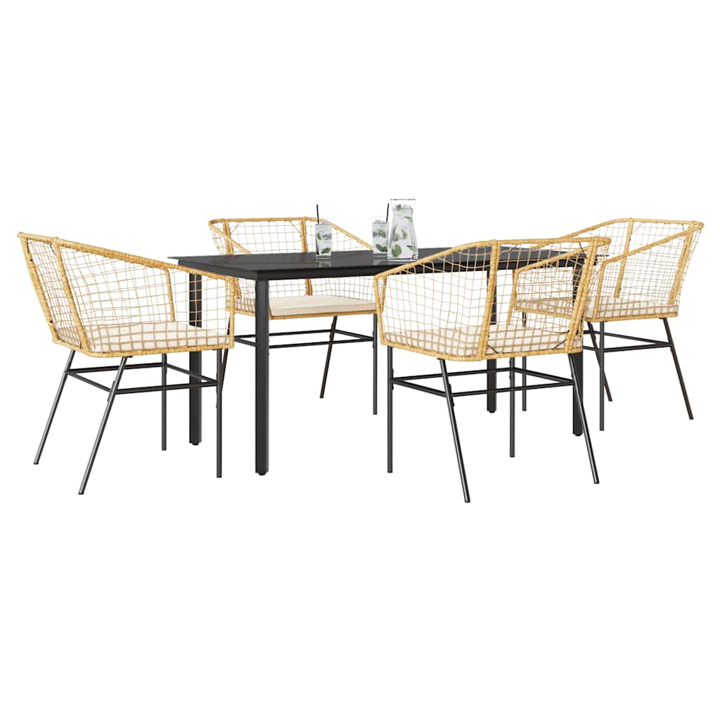 Conjunto jantar jardim 5 peças almofadas vidro vime PE castanho