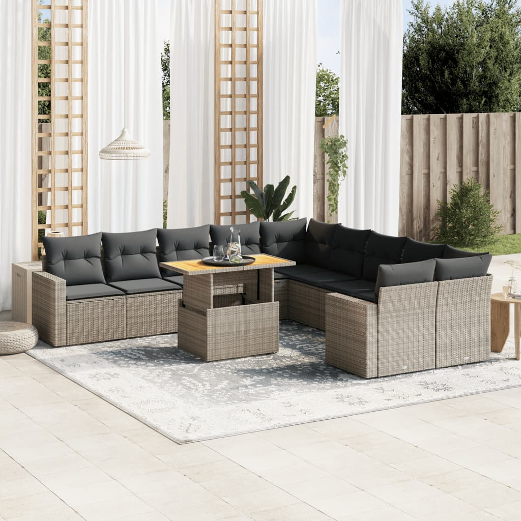 11 Pcs conjunto sofás de jardim c/ almofadões vime PE cinzento