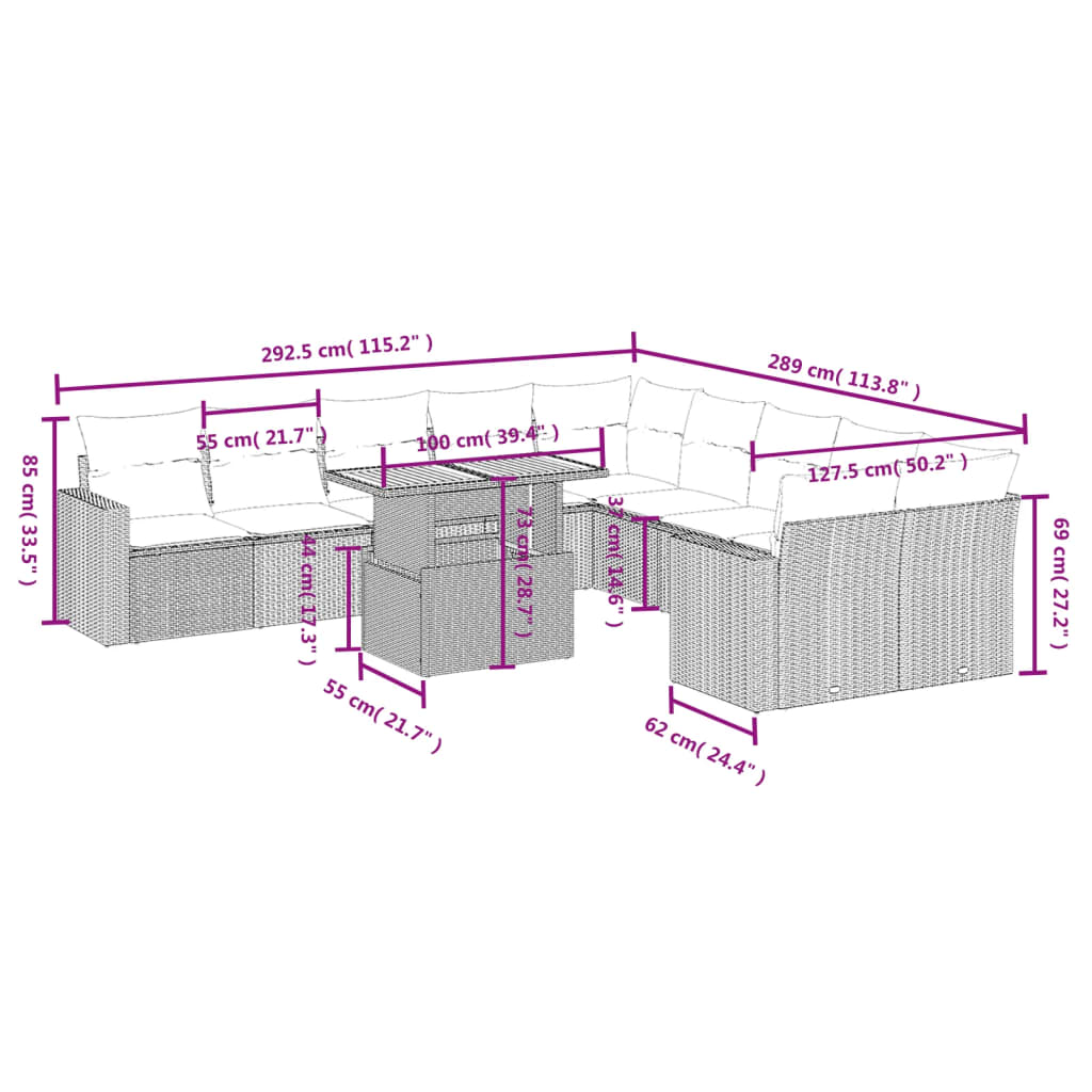 11 Pcs conjunto sofás de jardim c/ almofadões vime PE cinzento