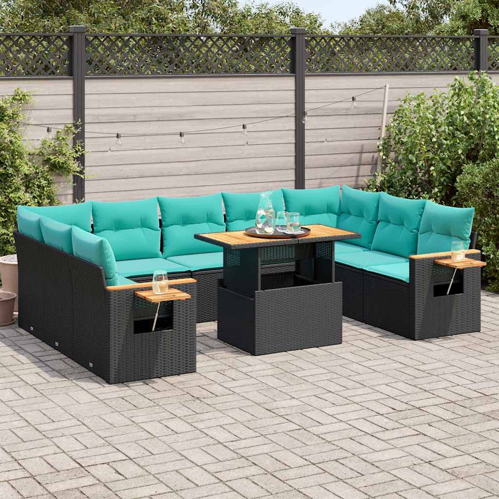 10 Pcs conjunto sofás jardim c/ almofadões vime PE/acácia preto