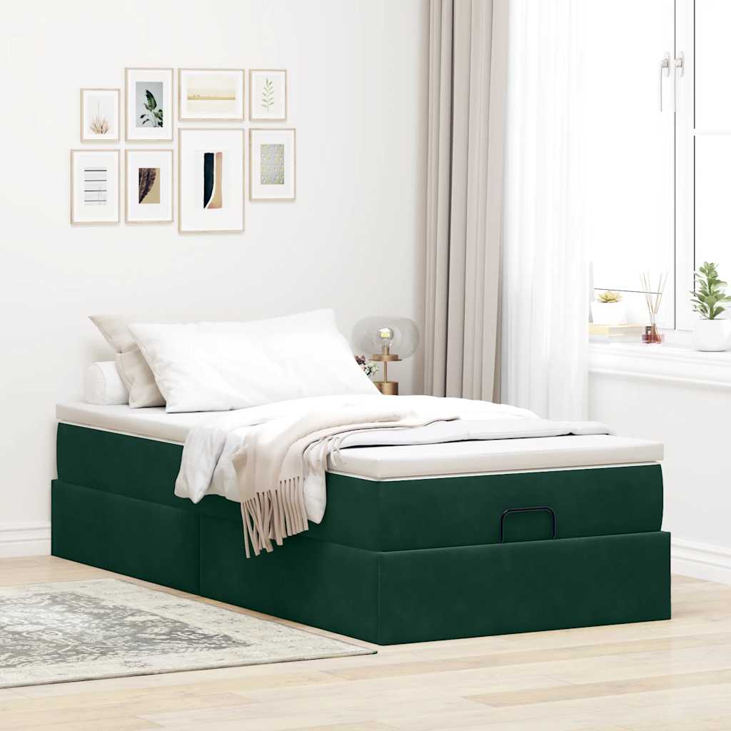 Estrutura de cama otomana com colchão verde escuro veludo