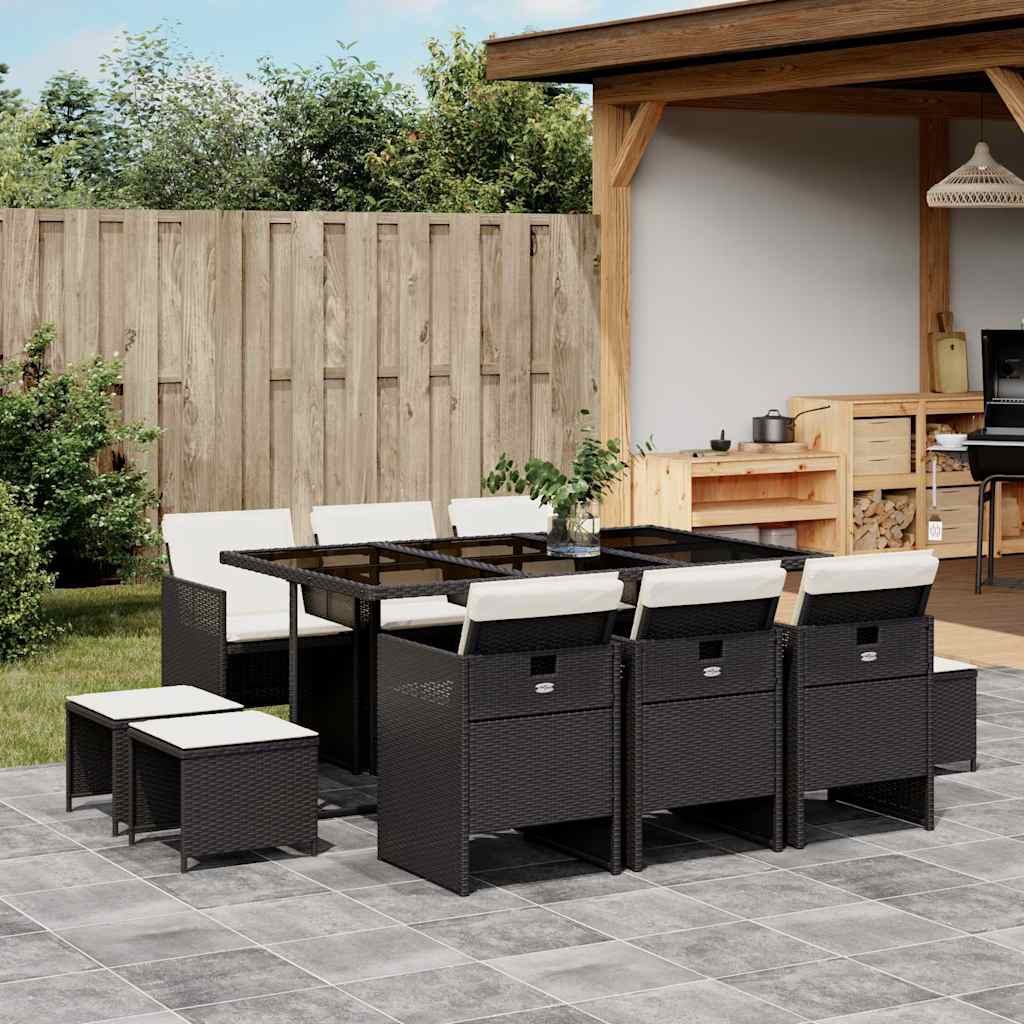 11 Pcs conjunto de jantar p/ jardim c/ almofadões vime PE preto