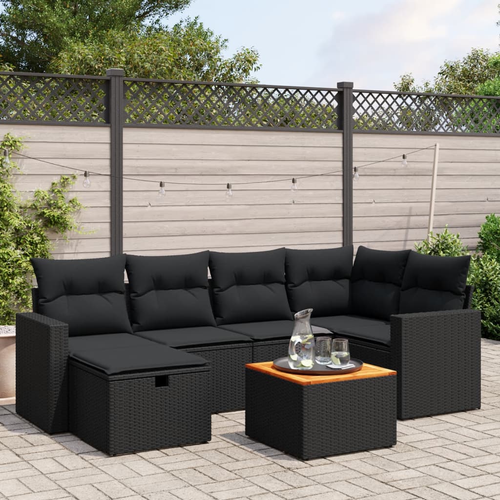 7 Pcs conjunto de sofás p/ jardim c/ almofadões vime PE preto