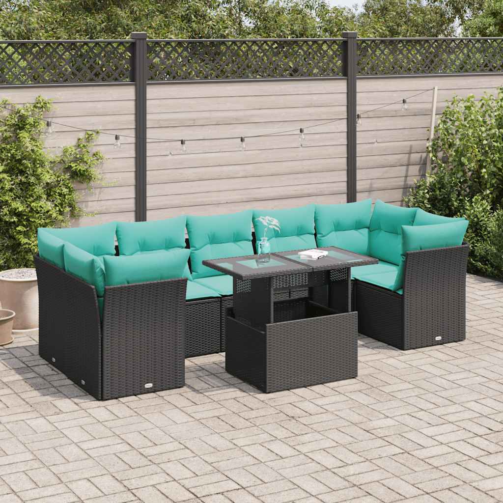 8 Pcs conjunto sofás jardim com almofadões vime PE/acácia preto