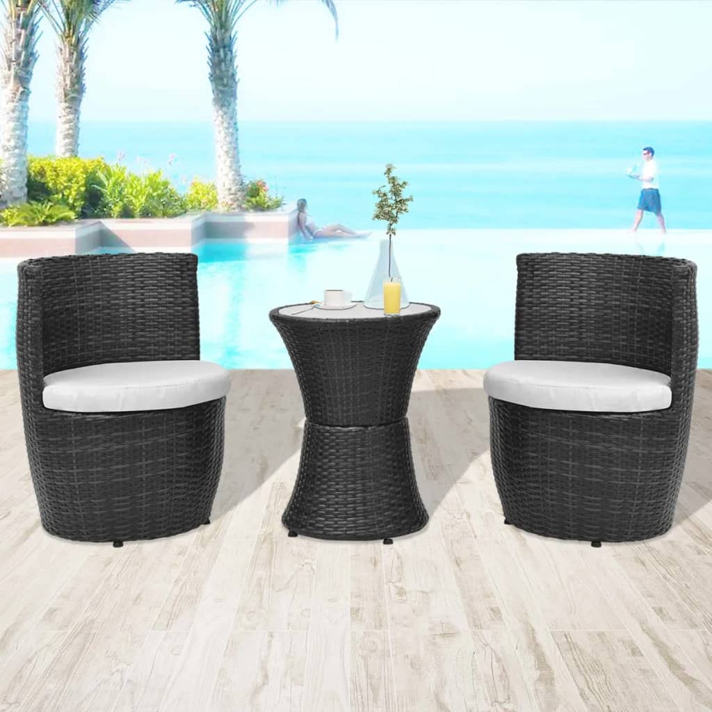 3 Pcs conjunto bistrô com almofadas vime PE preto