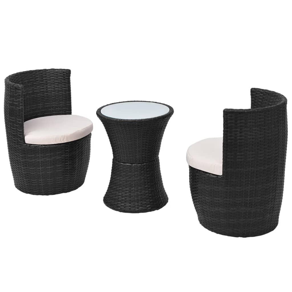 3 Pcs conjunto bistrô com almofadas vime PE preto