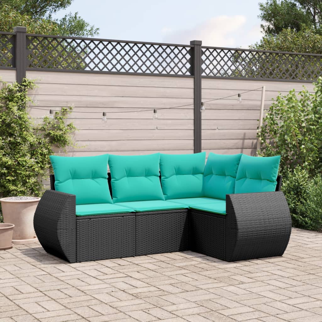 Conjunto de sofá de jardim com 4 peças e almofadas em rattan sintético preto