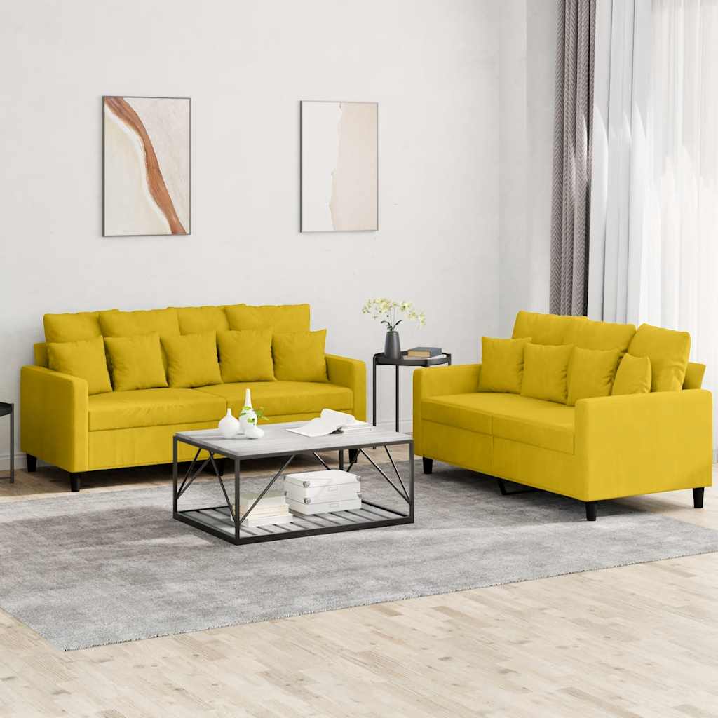 2 Pcs conjunto de sofás com almofadões veludo amarelo
