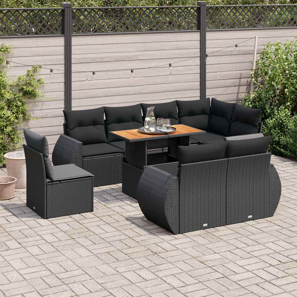 9 Pcs conjunto de sofás p/ jardim c/ almofadões vime PE preto