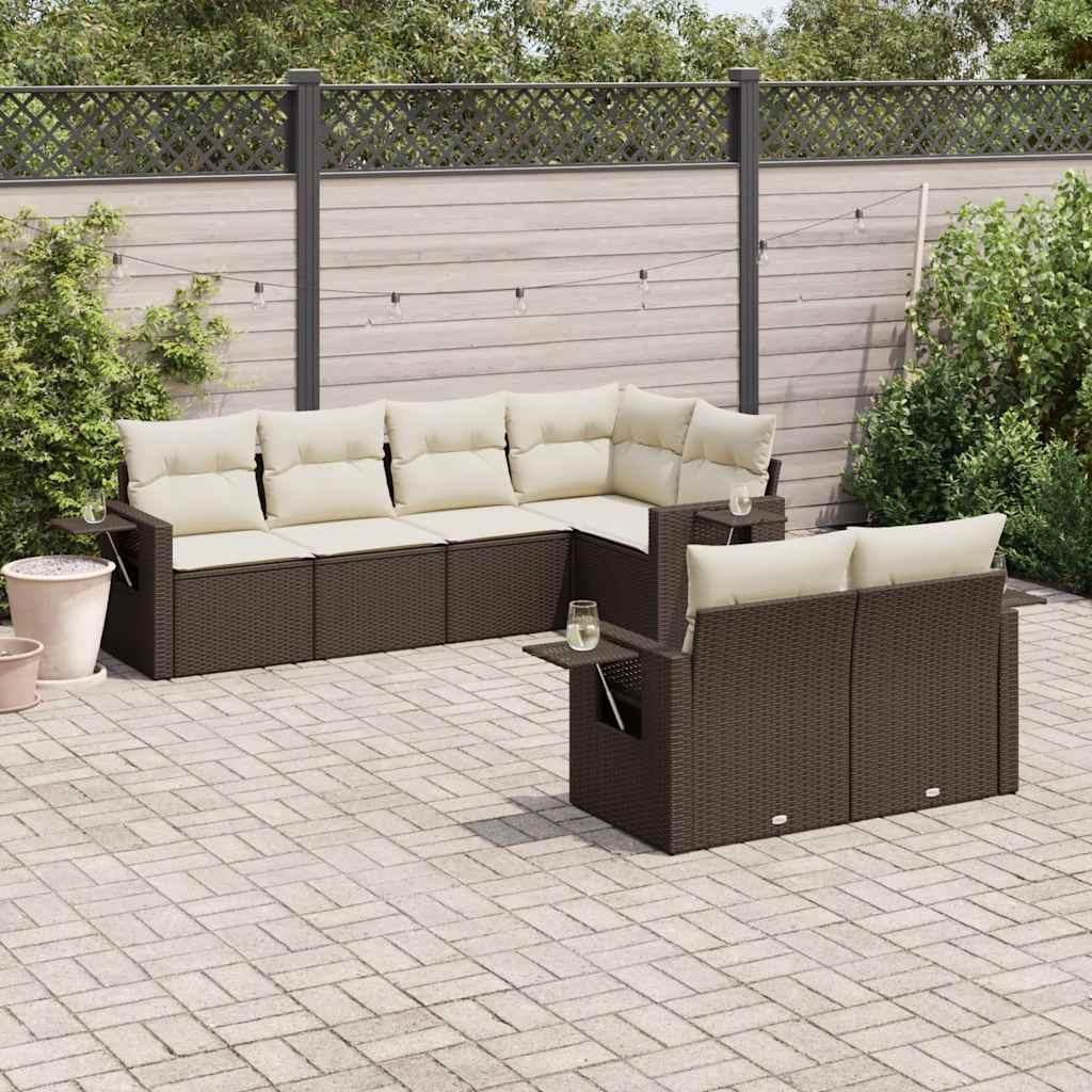7 Pcs conjunto de sofás jardim c/ almofadões vime PE castanho