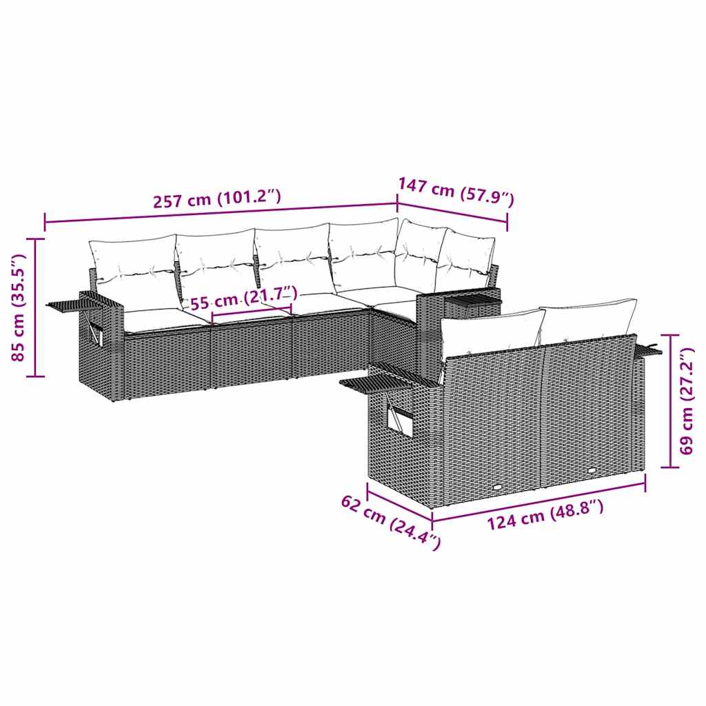 7 Pcs conjunto de sofás jardim c/ almofadões vime PE castanho