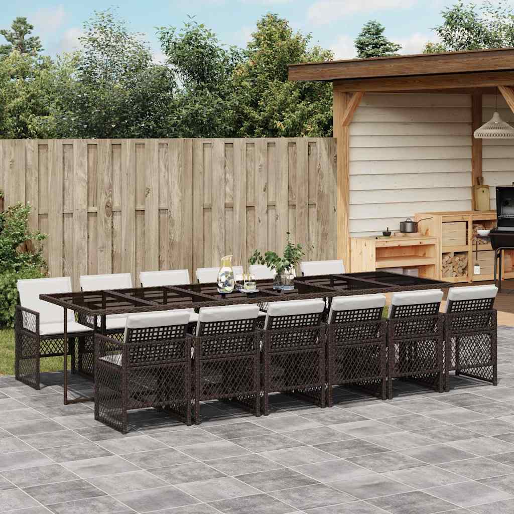 13 Pcs conjunto jantar p/ jardim c/ almofadões vime PE castanho