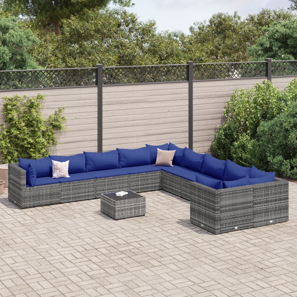 11 Pcs conjunto sofás de jardim c/ almofadões vime PE cinzento