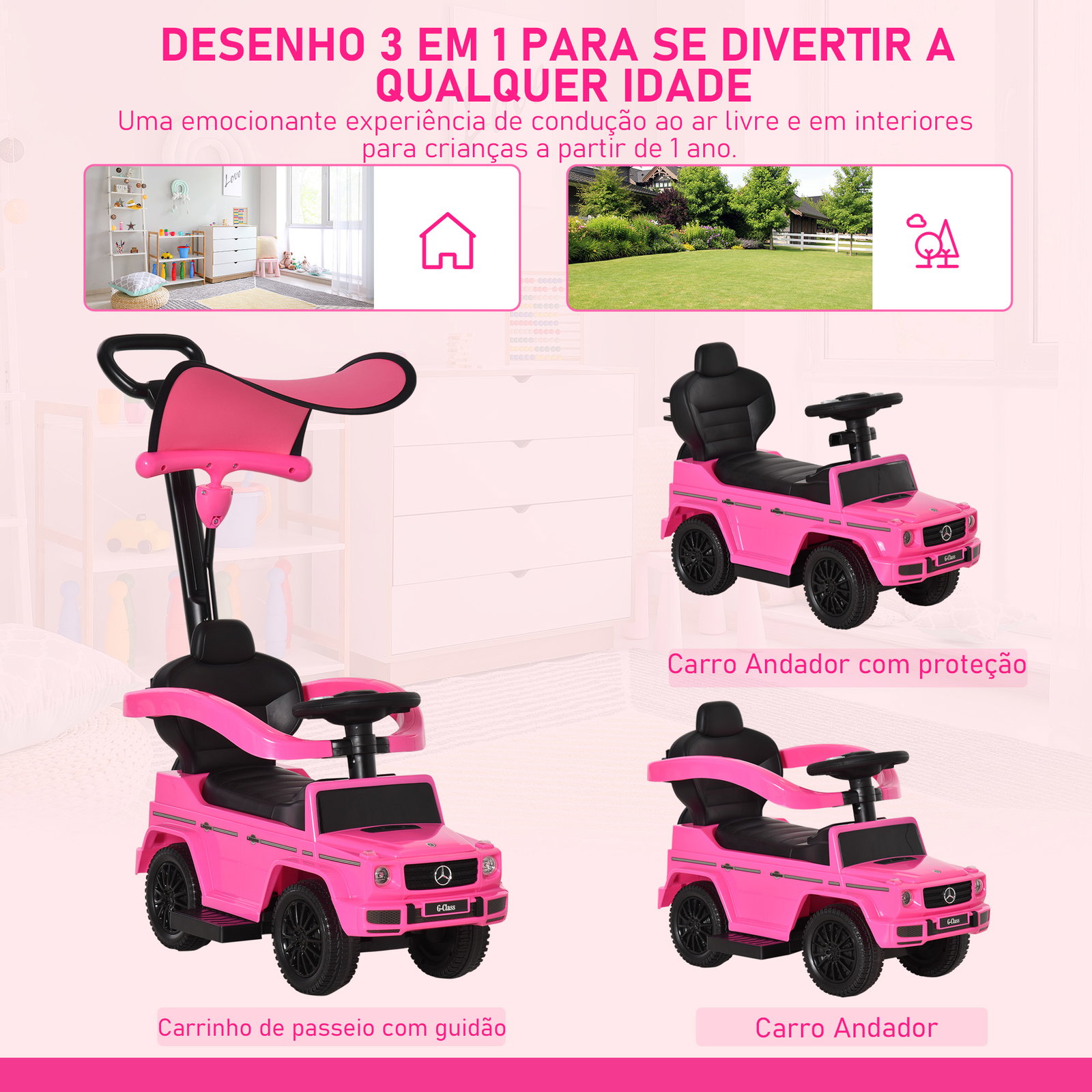 Carro Andador para Crianças Mercedes G350 com Buzina Capô Removível Encosto e Suporte de Proteção 85,5x40,5x95 cm Rosa