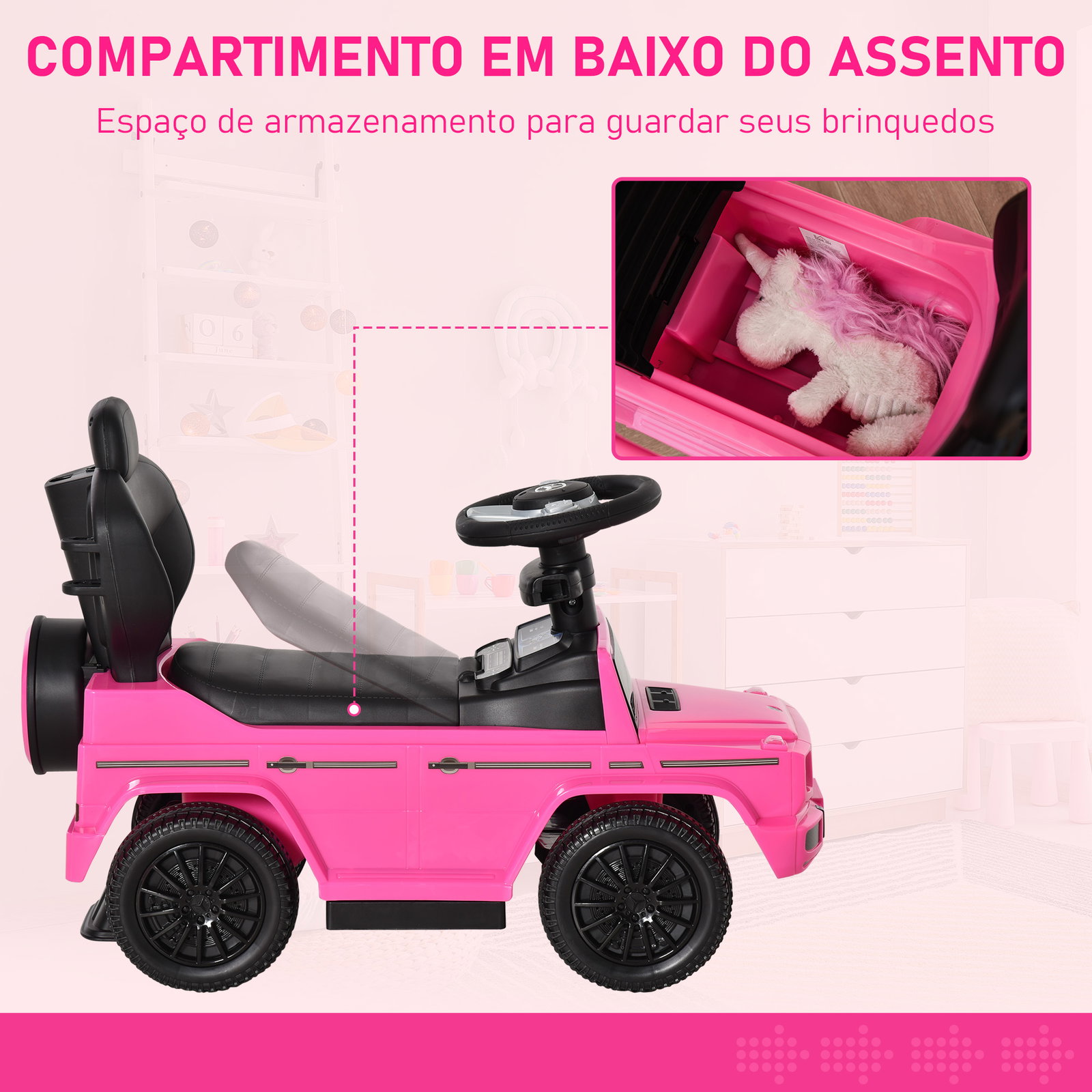 Carro Andador para Crianças Mercedes G350 com Buzina Capô Removível Encosto e Suporte de Proteção 85,5x40,5x95 cm Rosa