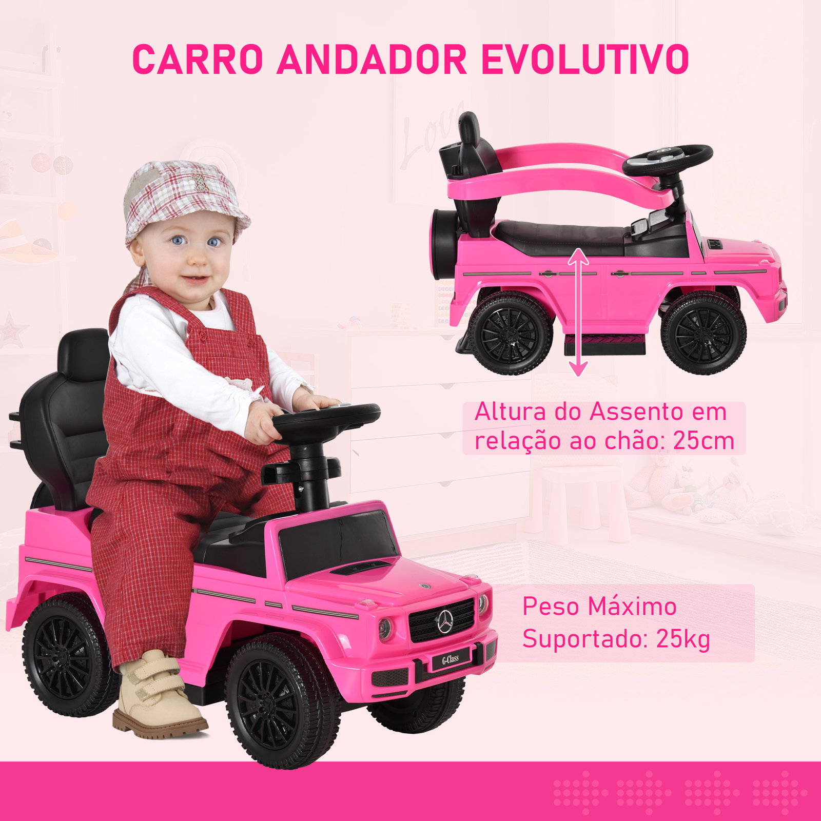Carro Andador para Crianças Mercedes G350 com Buzina Capô Removível Encosto e Suporte de Proteção 85,5x40,5x95 cm Rosa