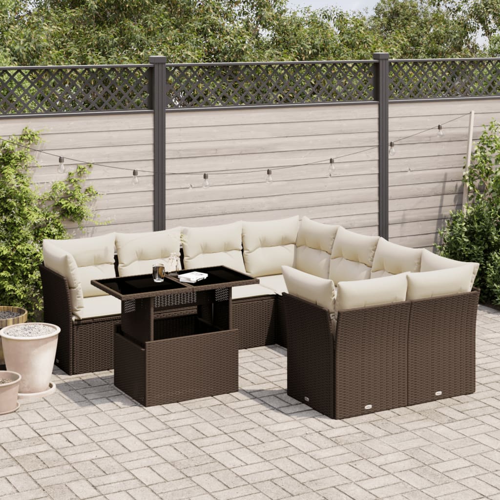 9 Pcs conjunto sofás p/ jardim c/ almofadões vime PE castanho