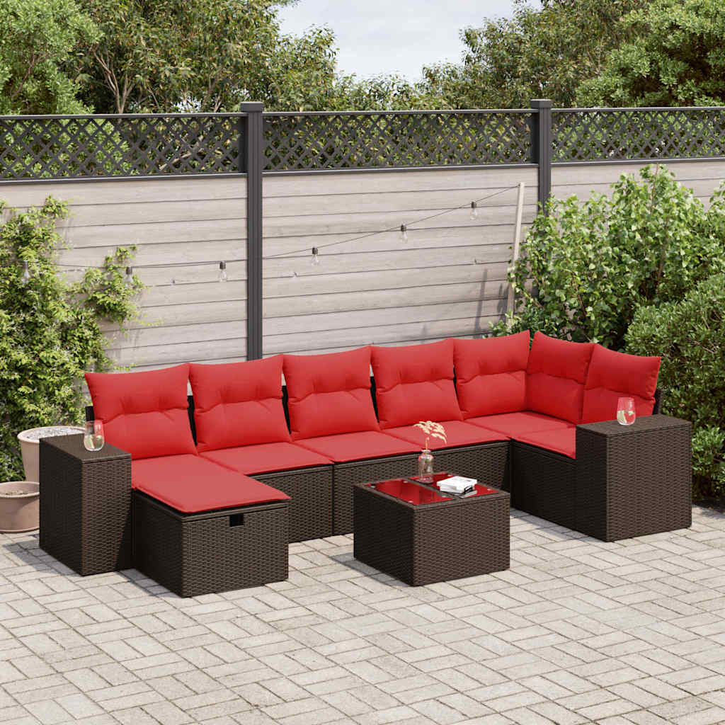 8 Pcs conjunto sofás de jardim c/ almofadões vime PE castanho