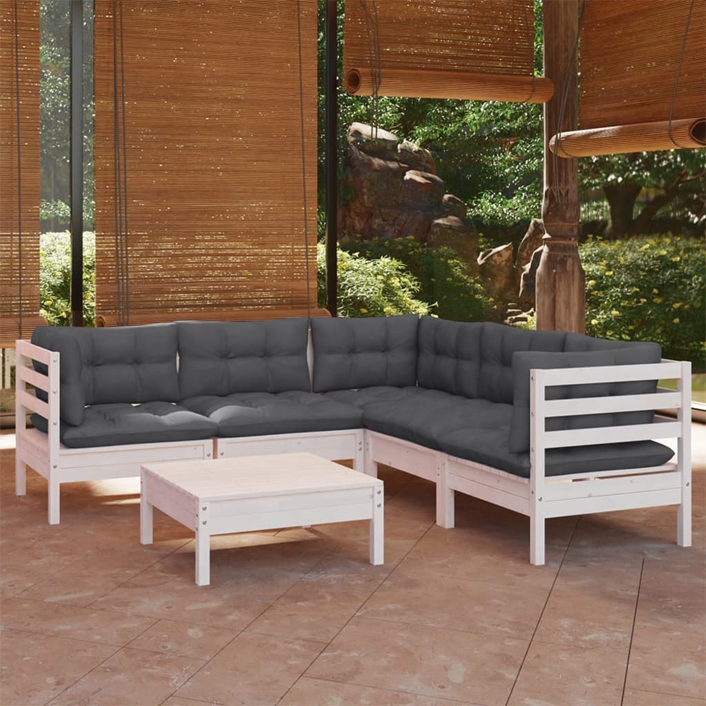 6 Pcs conj. lounge de jardim c/ almofadões pinho maciço branco