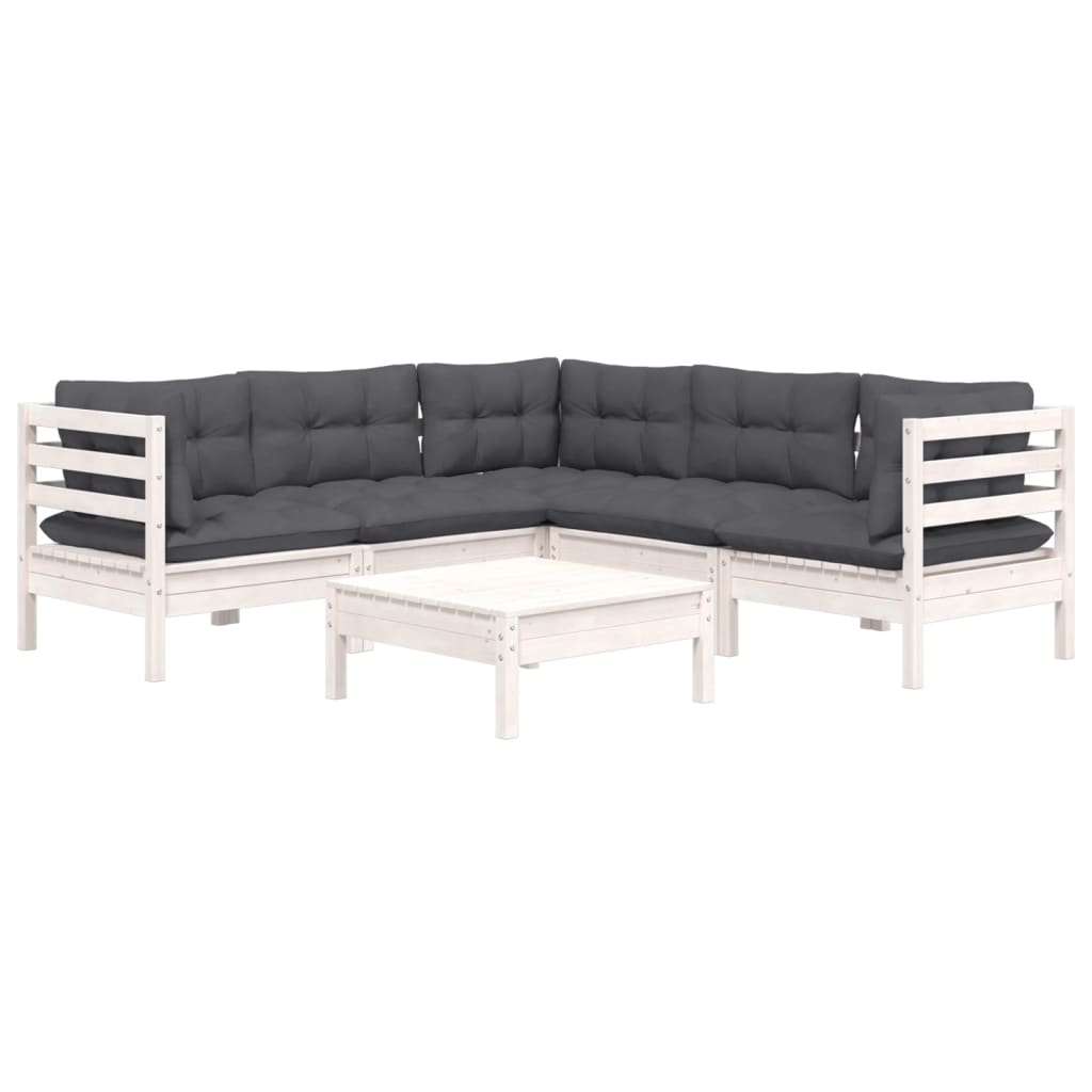6 Pcs conj. lounge de jardim c/ almofadões pinho maciço branco
