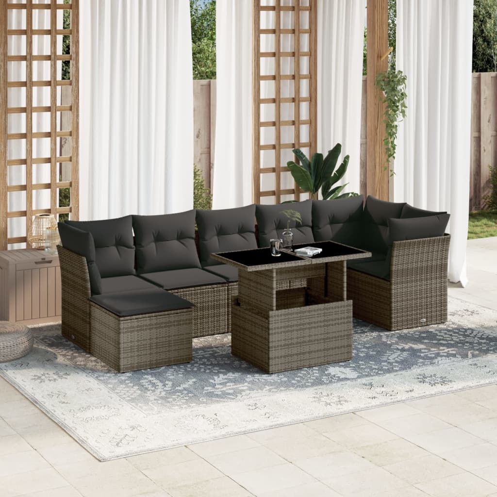 8 Pcs conjunto sofás de jardim c/ almofadões vime PE cinzento